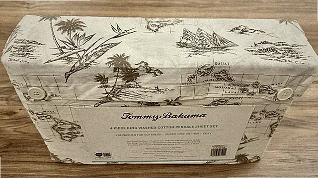 4-Pc Tommy Bahama Vintage Map King Sheet Set Brown White Tropical Island Hawaii