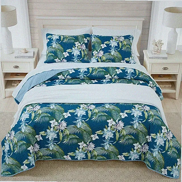 Coastal King Quilt Set 3Pc Tropical Bedding Botanical Floral Caribbean Bahama