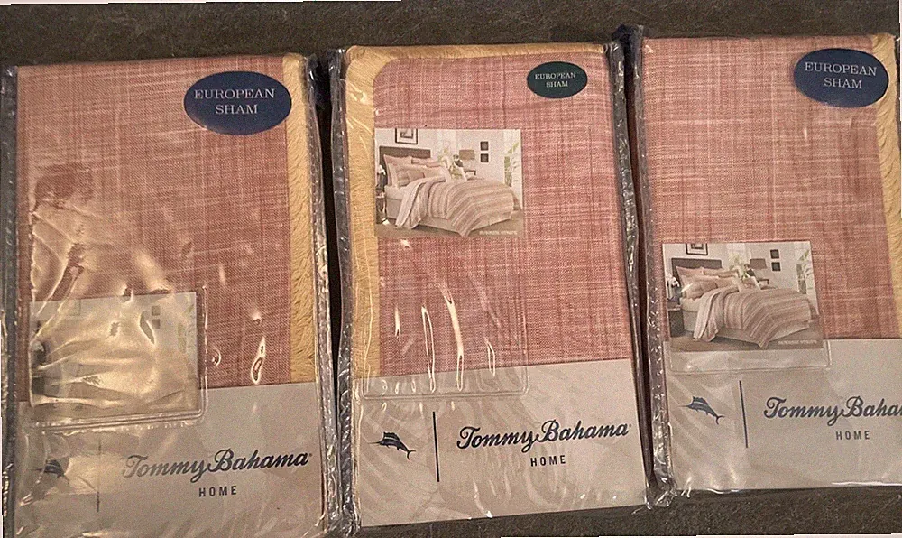 NEW Tommy Bahama European Pillow Shams -3- Sunrise Stripe Rust Gold Fringe