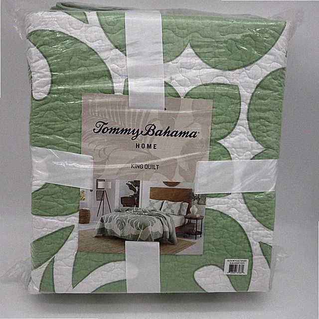 NWT Tommy Bahama Molokai Leaf King Quilt & 2 Shams Cotton Tropical Green White