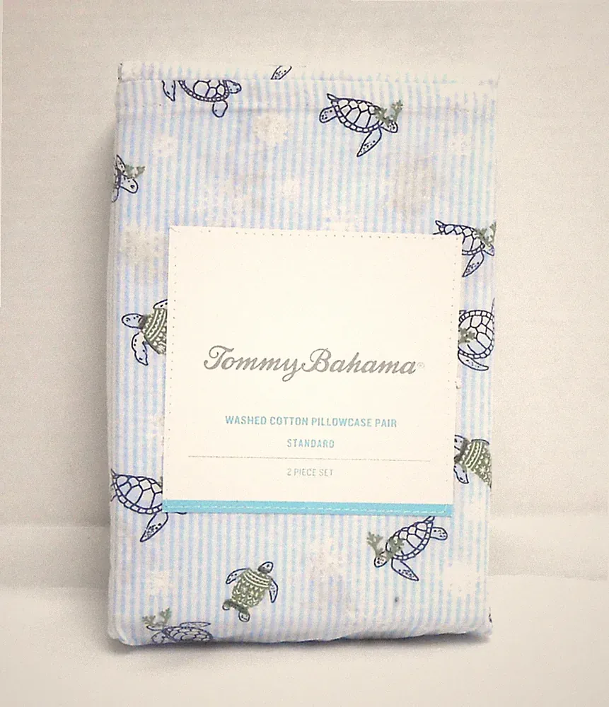 Tommy Bahama 2 Standard Size Pillowcases Blue Stripe Turtle Frolic Pattern