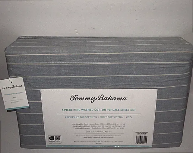TOMMY BAHAMA BLUE OCEAN ISLAND STRIPE KING 4pc. WASHED COTTON PERCALE SHEETS NWT