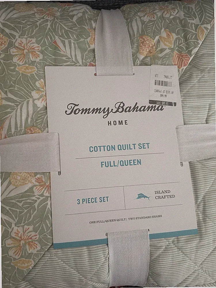 Tommy Bahama Home Cotton Quilt Set Full Queen 3 Pc Tropical Pineapple Green