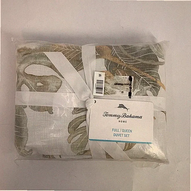 Tommy Bahama Home Full/Queen Duvet Cover Set Green & Beige Leaf Pattern