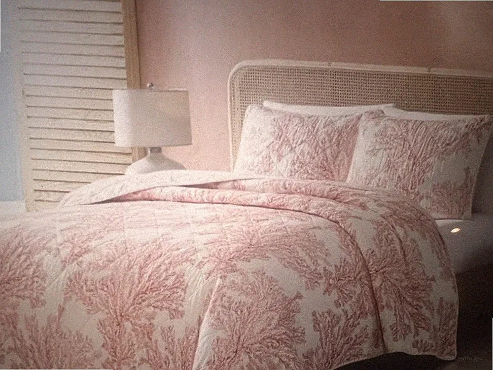 Tommy Bahama Queen Quilt + 2 Shams Coral Garden White Coral New Reversible