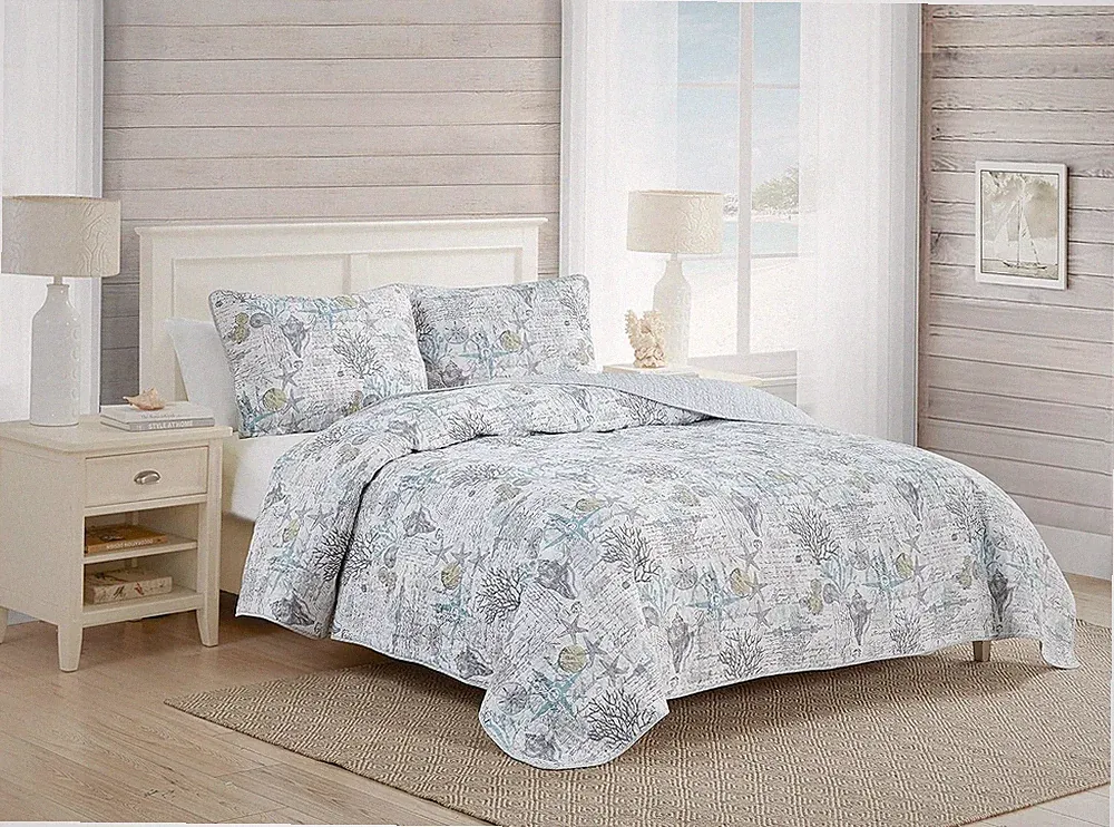 Tommy Bahama King Quilt Set - Reversible Bedding & Pillowcases, Beach Bliss Grey