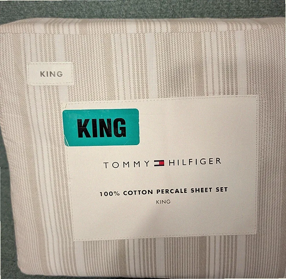 Tommy Bahama King Sheets, Cotton Percale Bedding Set Sailing Stripe Beige NEW