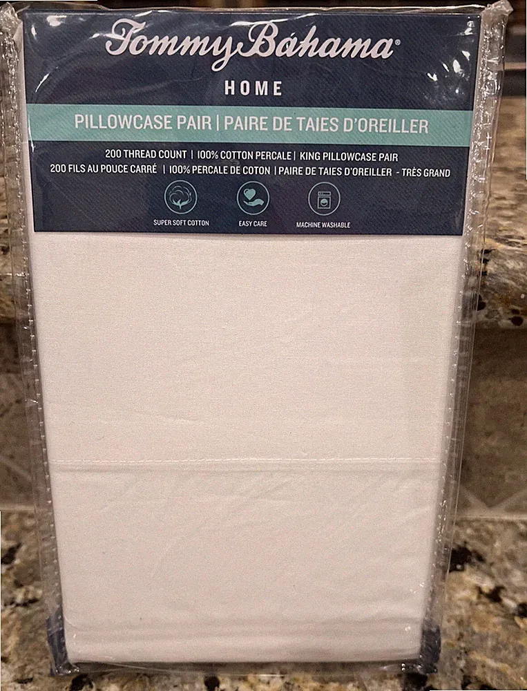 Tommy Bahama Pillowcase Set of 2 King Size White 100% Cotton - New~200 Thread