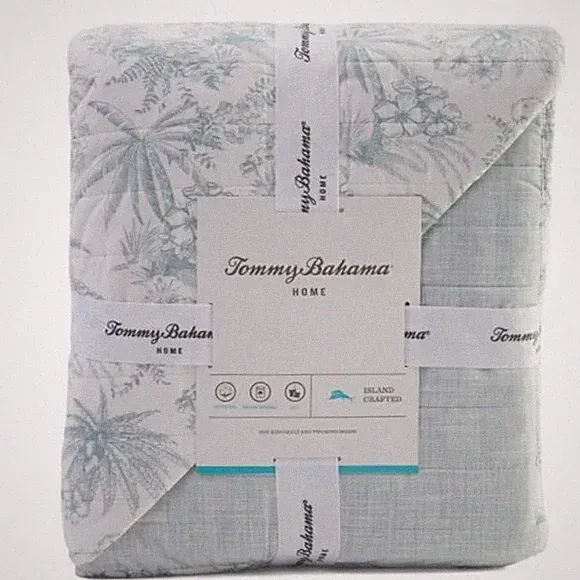 Tommy Bahama Pin & Ink Palm quilt set QUEEN/FULL green reversible 100% cotton NW