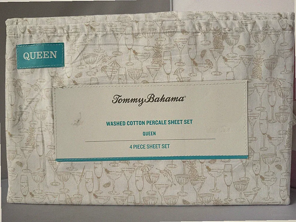 Tommy Bahama QUEEN sheet set COOLING Coastal Breeze Island Time Grey 100% COTTON