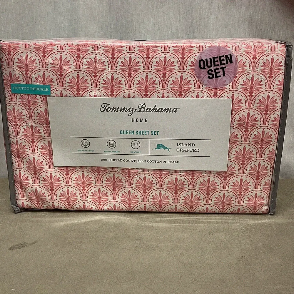 Tommy Bahama Queen Sheet Set Coral Coastal Batik 100% Cotton Percale Bedding New