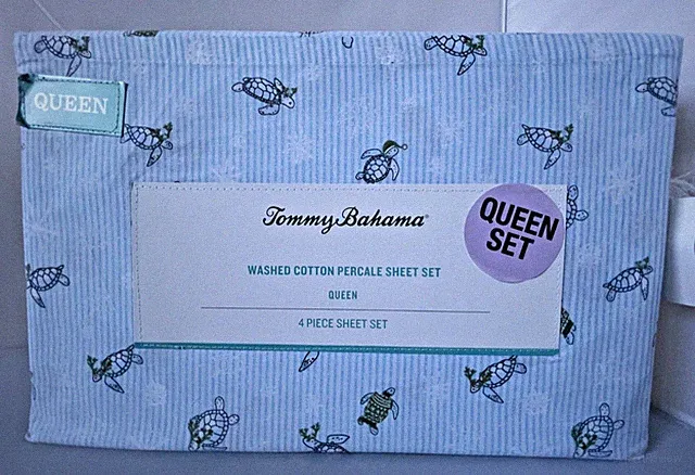 Tommy Bahama QUEEN SHEET SET WASHED COTTON PERCALE 4 PIECE TURTLE FROLIC BLUE NW