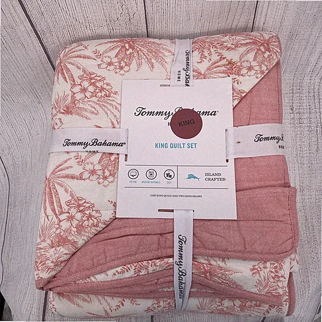 Tommy Bahama Quilt Set KING White Coral Pink Pen & Ink Palm Island 100% Cotton