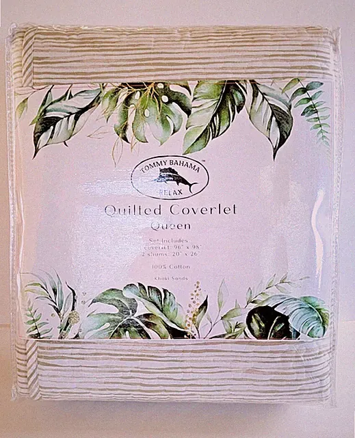Tommy Bahama Quilted Cotton Coverlet Set 100% Cotton Khaki Sands Size Queen New